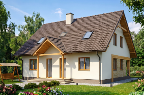 Projekt domu Mulawicze DM-6137, parterowy z poddaszem użytkowym, bez garażu, częściowo podpiwniczony - wizualizacja elewacji ogrodowej
