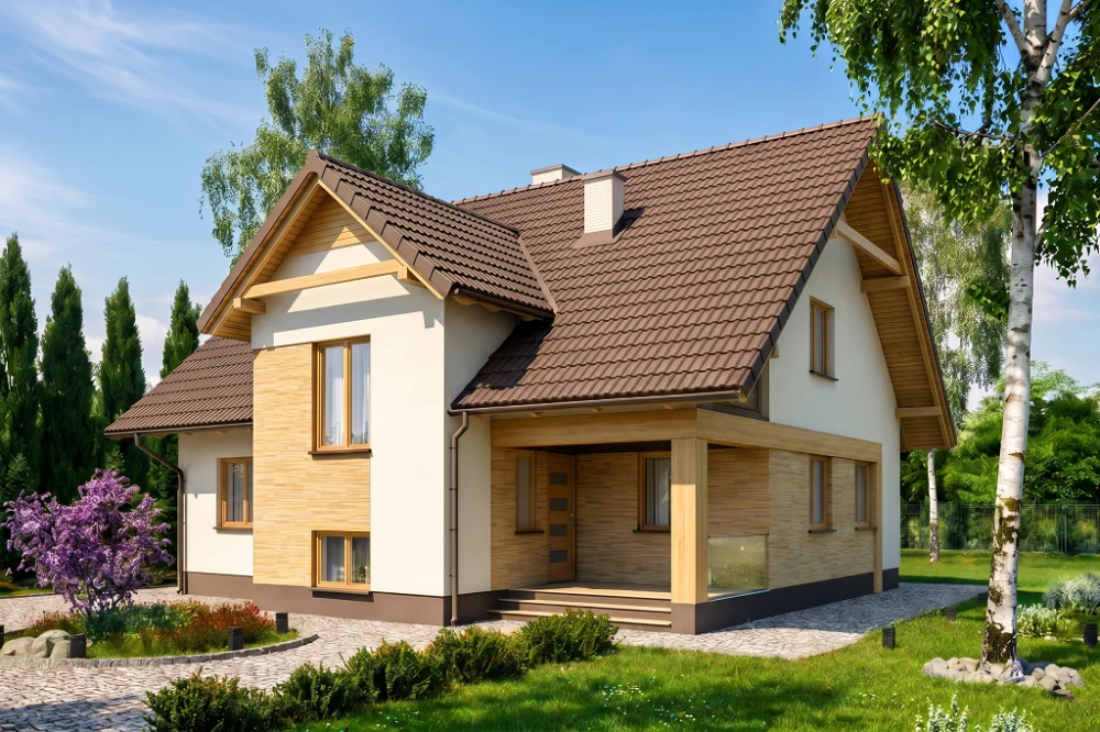 Projekt domu Nakielno L-6137, parterowy z poddaszem użytkowym, bez garażu, częściowo podpiwniczony - wizualizacja elewacji frontowej