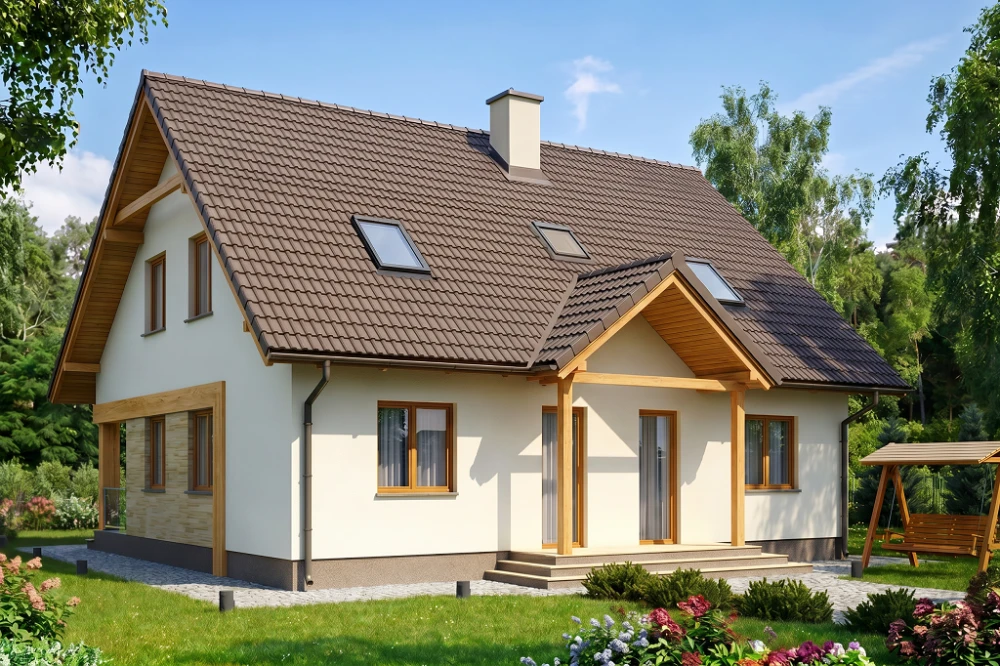 Projekt domu Nakielno L-6137, parterowy z poddaszem użytkowym, bez garażu, częściowo podpiwniczony - wizualizacja elewacji ogrodowej