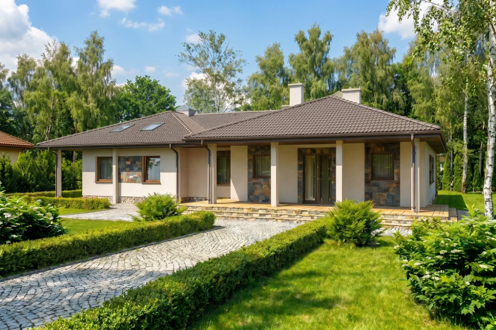 Projekt domu Marmarole DM-6393, parterowy ze strychem, bez garażu, bez podpiwniczenia - wizualizacja elewacji frontowej