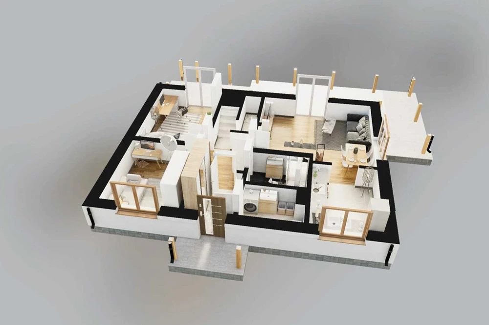 Projekt domu Prista DM-6822, parterowy z poddaszem mieszkalnym, bez podpiwniczenia  - rzut 3D parteru