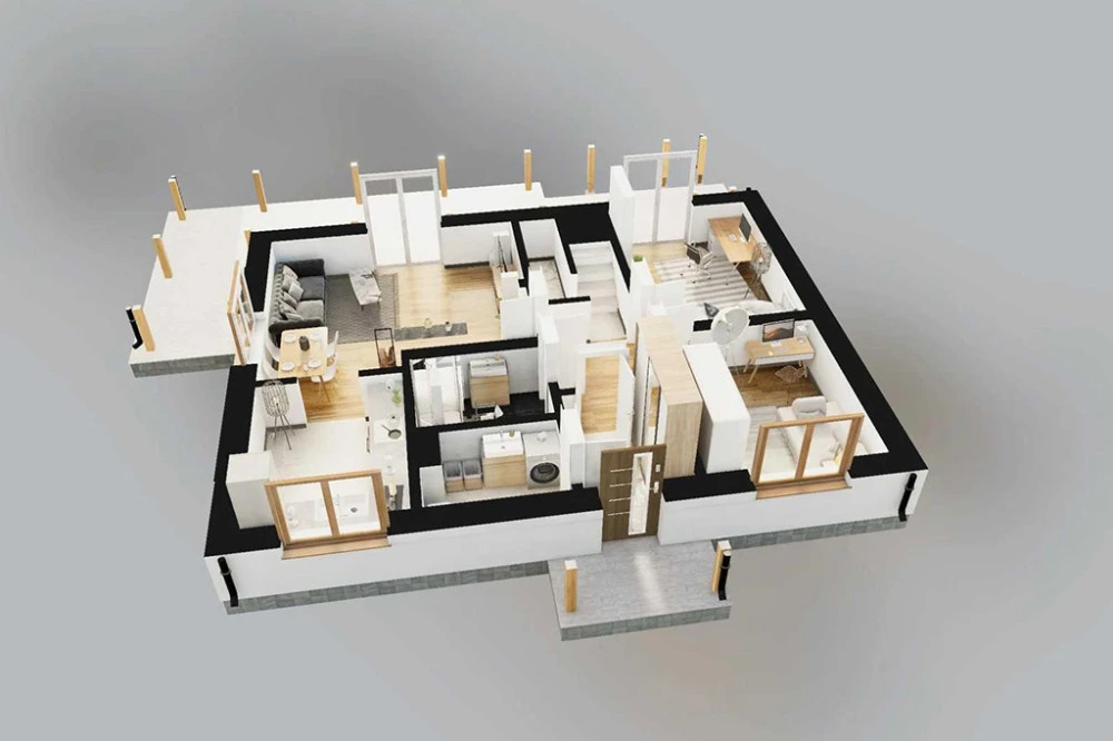 Projekt domu Prista 2 L-6822, parterowy z poddaszem mieszkalnym, bez podpiwniczenia  - rzut 3D parteru