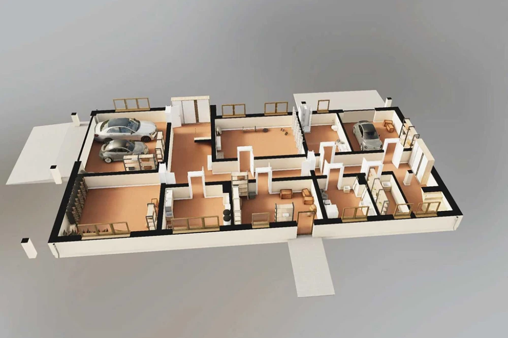 Projekt domu Napoca DM-6823, parterowy z poddaszem nieużytkowym do adaptacji, jednorodzinny, podpiwniczony, z garażem dwustanowiskowym - rzut 3D piwnicy