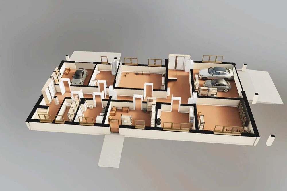 Projekt domu Napoca 2 L-6823, parterowy z poddaszem nieużytkowym do adaptacji, jednorodzinny, podpiwniczony, z garażem dwustanowiskowym -  rzut 3D piwnicy