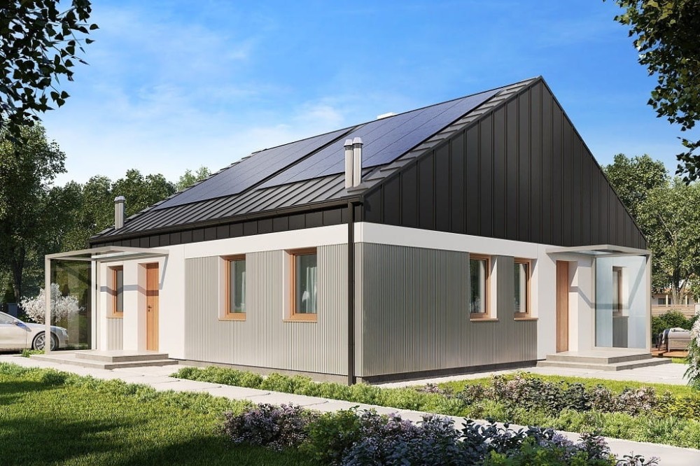 Projekt domu Tarmona 2 tech. L-6757 tech., parterowy z antresolą, dwulokalowy, niepodpiwniczony, bez garażu - kolorystyka wersja 2