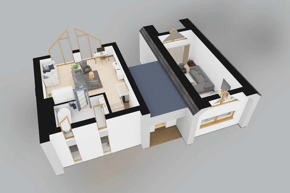 Projekt domu Salone DM-6852, parterowy z poddaszem użytkowym, bez podpiwniczenia, bez garażu - rzut 3D poddasza