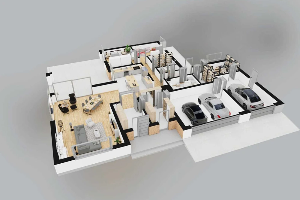 Projekt domu Celsa DM-6857, piętrowy, niepodpiwniczony, z 2 garażami – rzut 3D parteru