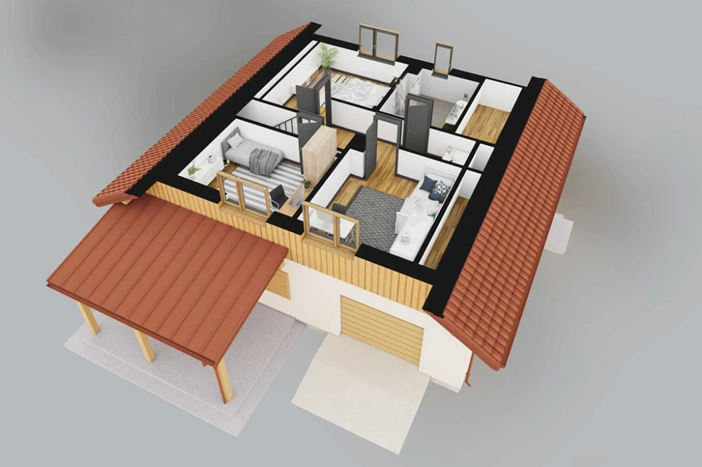 Projekt domu Ergona 2 L-6860, parterowy z poddaszem użytkowym, z garażem, bez podpiwniczenia - rzut 3D poddasza