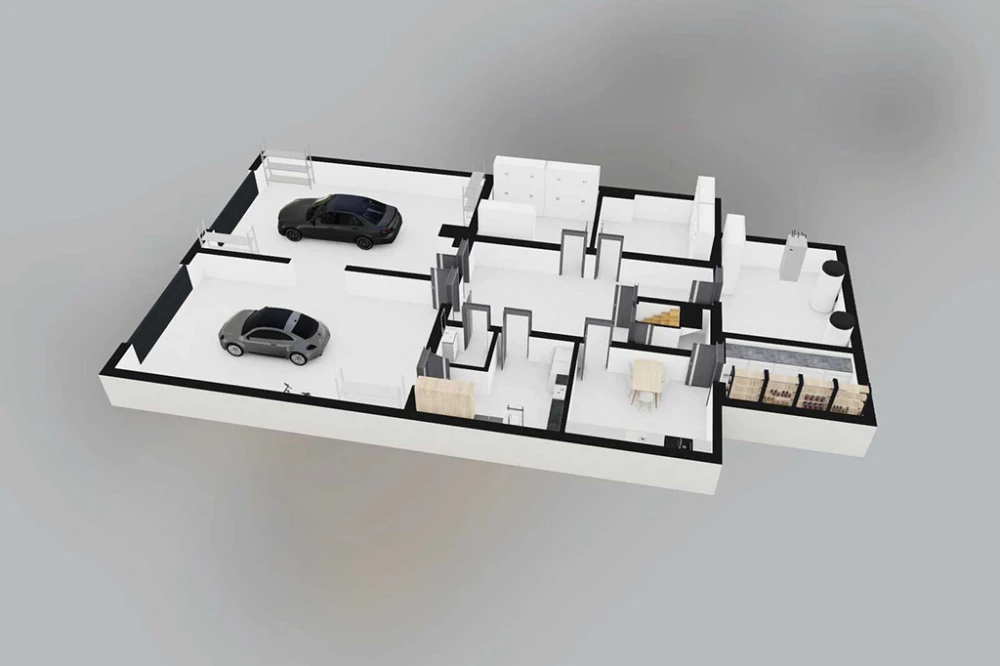 Projekt domu Adix DM-6862, parterowy z poddaszem użytkowym, podpiwniczony, z garażem dwustanowiskowym – rzut 3D piwnicy