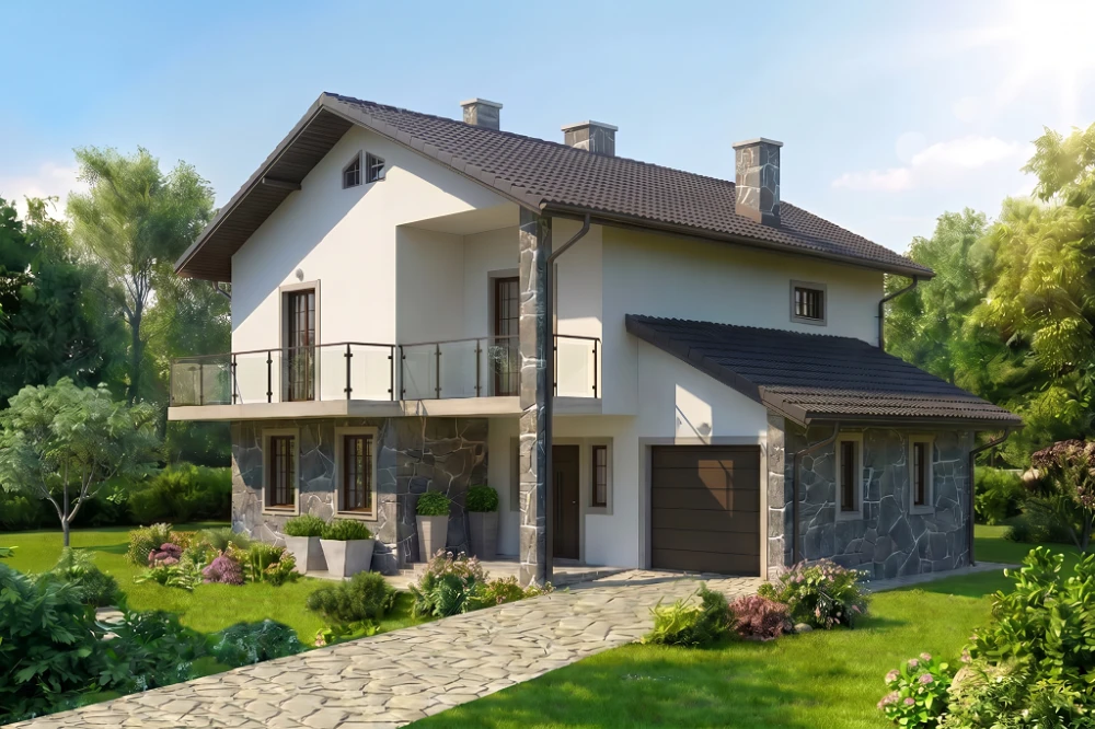 Projekt domu Lavaredo DM-6438, piętrowy, z garażem, częściowo podpiwniczony - wizualizacja elewacji prawej