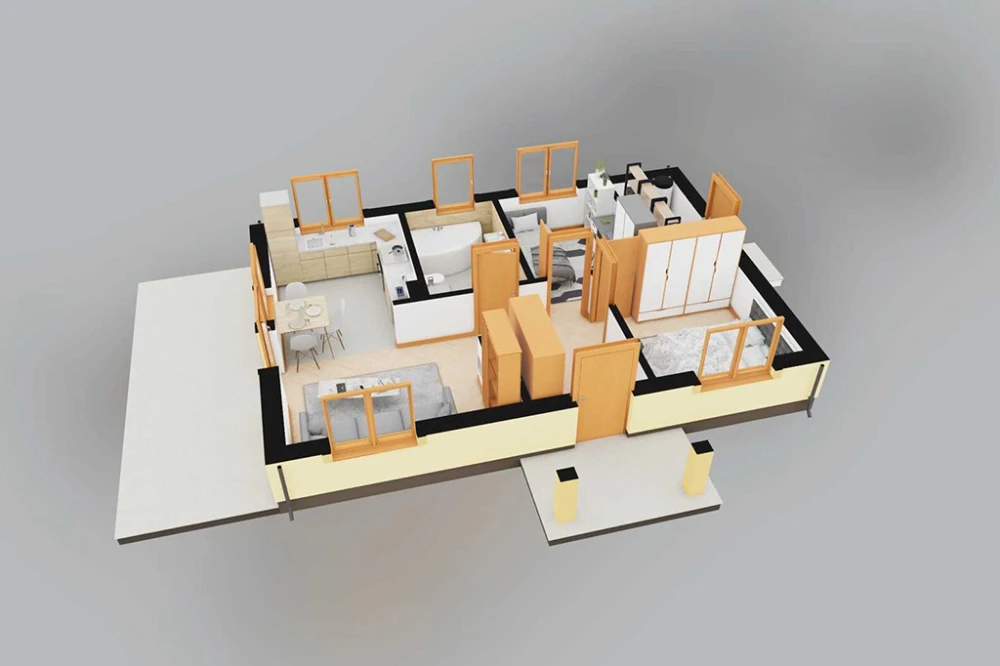 Projekt domu Olonia DM-6871, parterowy, niepodpiwniczony, bez garażu - rzut 3D parteru