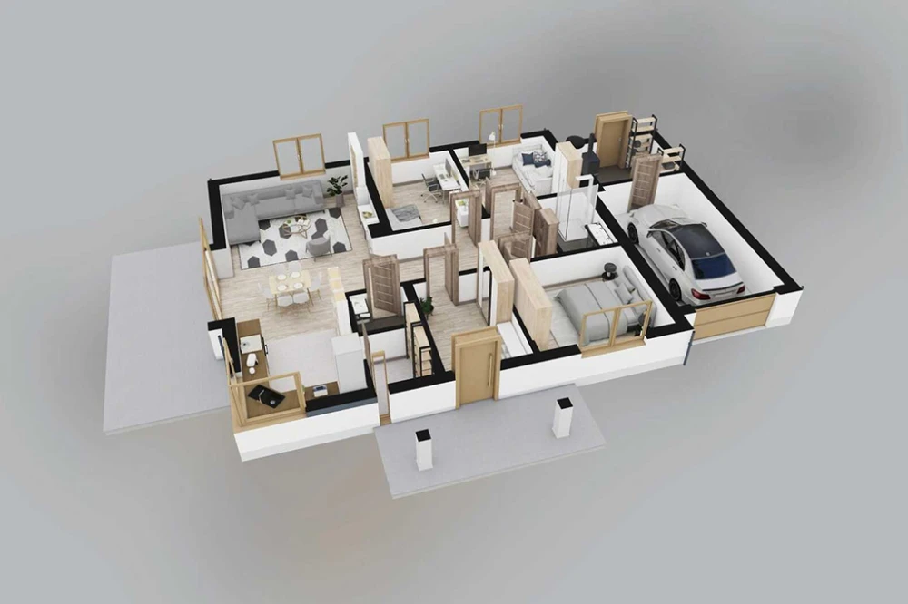 Projekt domu Ercor DM-6877, parterowy, z garażem, bez podpiwniczenia - rzut 3D parteru