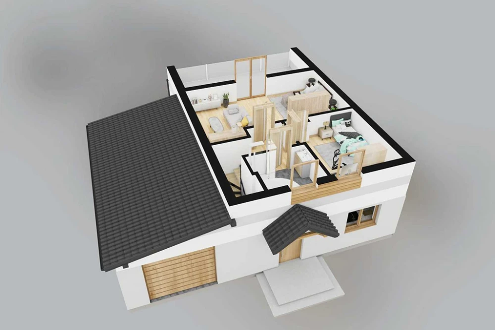 Projekt domu Santonio 2 L-6878, jednorodzinny parterowy z poddaszem użytkowym, niepodpiwniczony, z garażem - rzut 3D poddasza