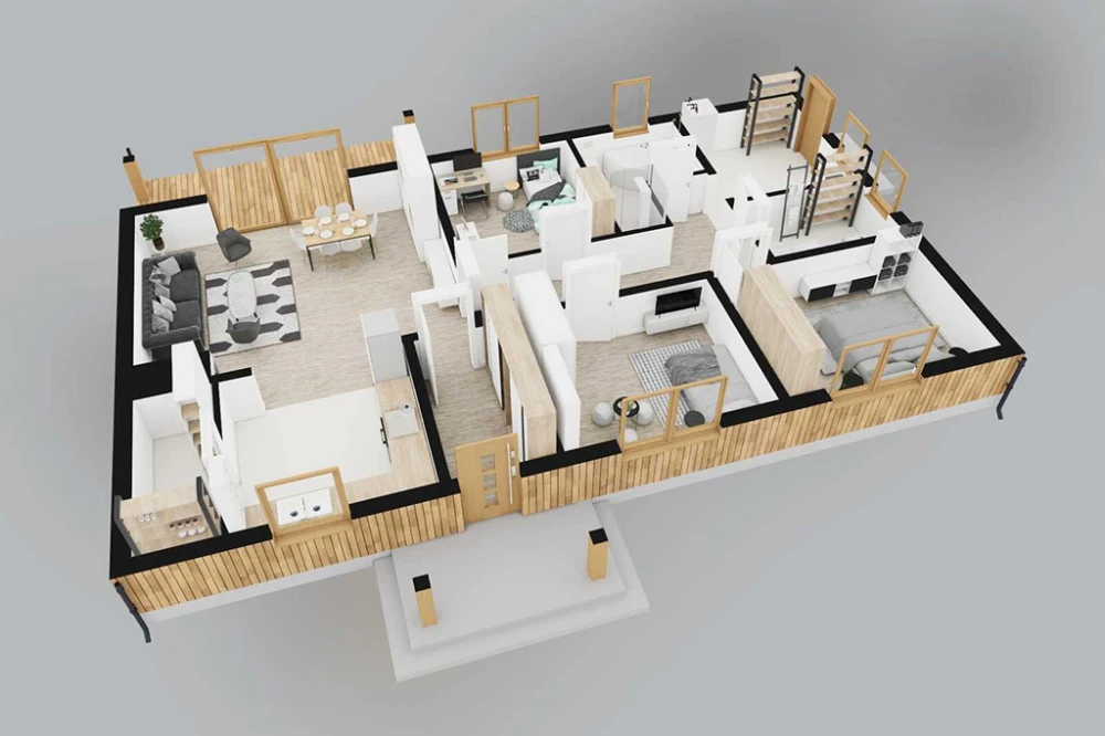 Projekt domu Siluris DM-6893, jednorodzinny parterowy, bez podpiwniczenia i garażu- rzut 3D parteru