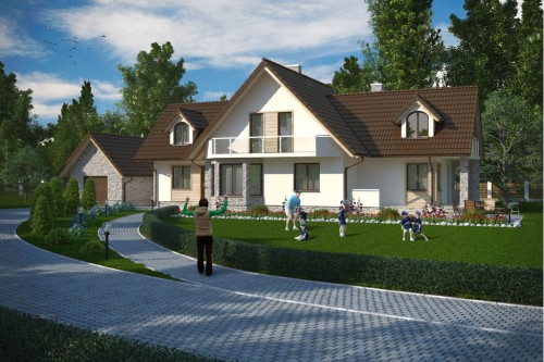 Projekt domu Bobrzany tech. DM-5545 tech., parterowy z garażem, z poddaszem mieszkalnym, bez podpiwniczenia - kolorystyka wersja 1
