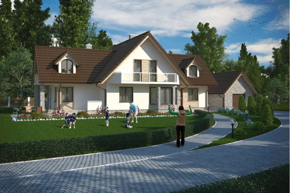 Projekt domu Ostojów tech. L-5545 tech., parterowy z garażem, z poddaszem mieszkalnym, bez podpiwniczenia - kolorystyka wersja 1