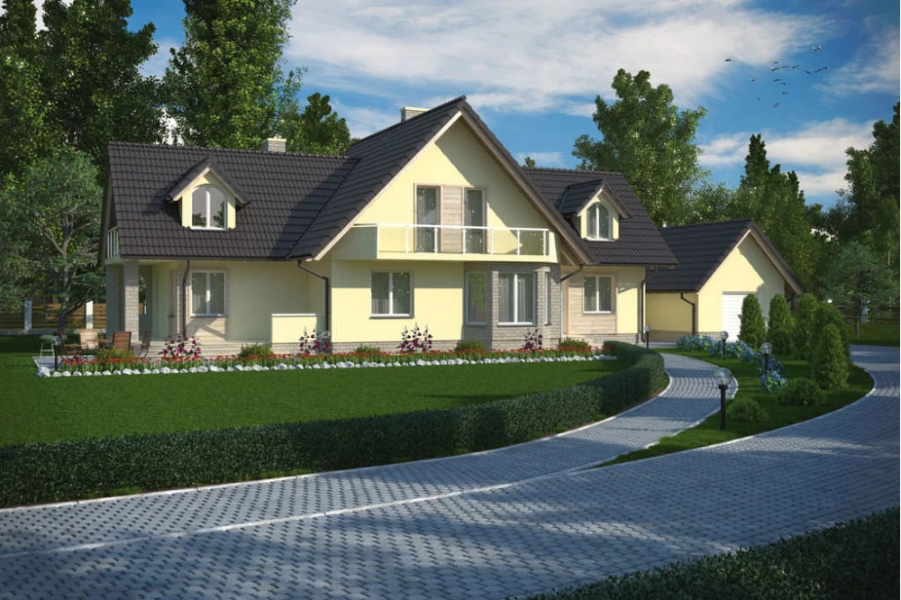 Projekt domu Ostojów tech. L-5545 tech., parterowy z garażem, z poddaszem mieszkalnym, bez podpiwniczenia - kolorystyka wersja 3