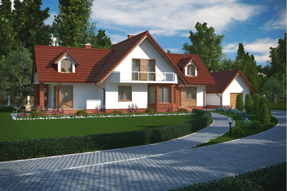 Projekt domu Ostojów tech. L-5545 tech., parterowy z garażem, z poddaszem mieszkalnym, bez podpiwniczenia - kolorystyka wersja 4