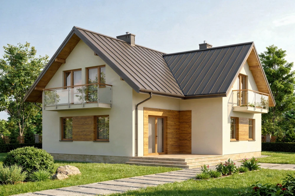 Projekt domu Pyrzowice DM-6004, parterowy z poddaszem mieszkalnym, częściowo podpiwniczony, bez garażu - wizualizacja elewacji lewej