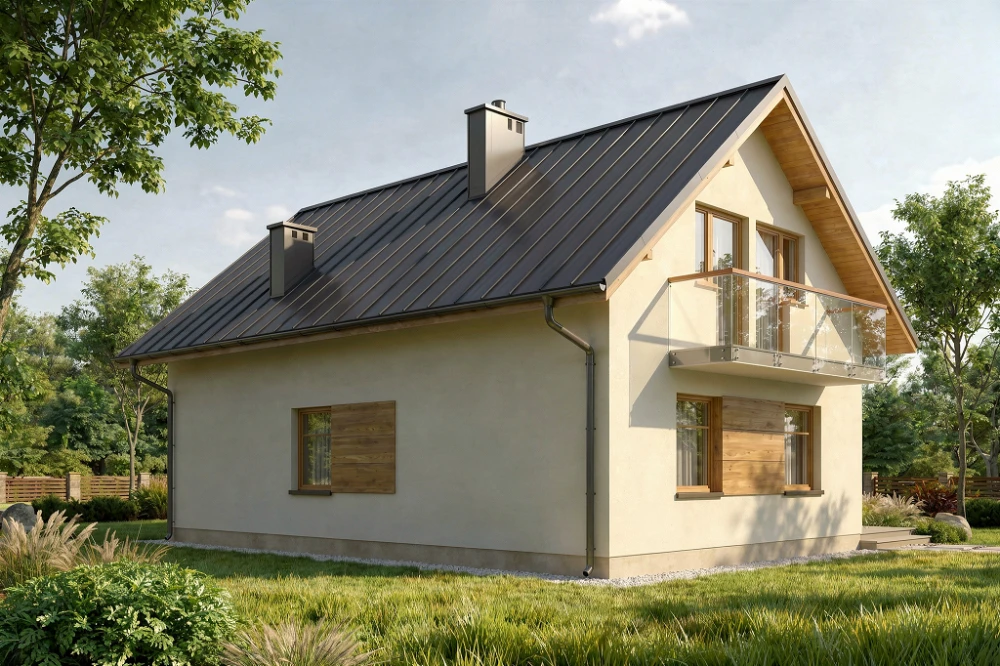 Projekt domu Pyrzowice DM-6004, parterowy z poddaszem mieszkalnym, częściowo podpiwniczony, bez garażu - wizualizacja elewacji ogrodowej