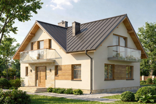 Projekt domu Nieborowice L-6004, parterowy z poddaszem mieszkalnym, częściowo podpiwniczony, bez garażu - wizualizacja elewacji frontowej