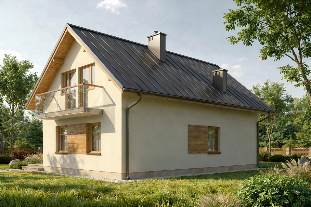 Projekt domu Nieborowice L-6004, parterowy z poddaszem mieszkalnym, częściowo podpiwniczony, bez garażu - wizualizacja elewacji ogrodowej