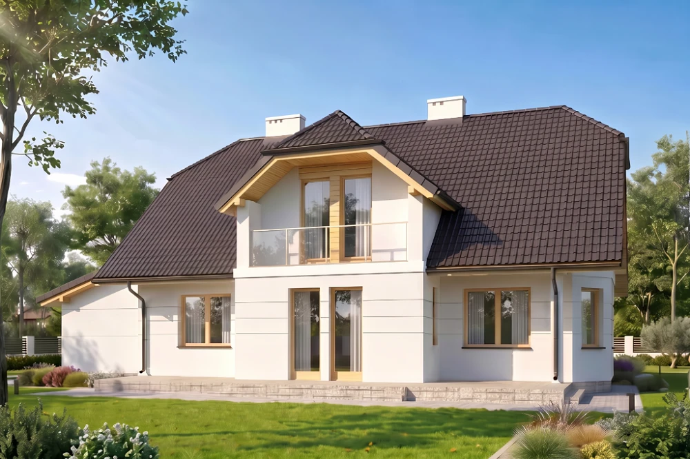 Projekt domu Gozdów L-6167, parterowy z poddaszem mieszkalnym, częściowo podpiwniczony, z garażem - wizualizacja elewacji ogrodowej