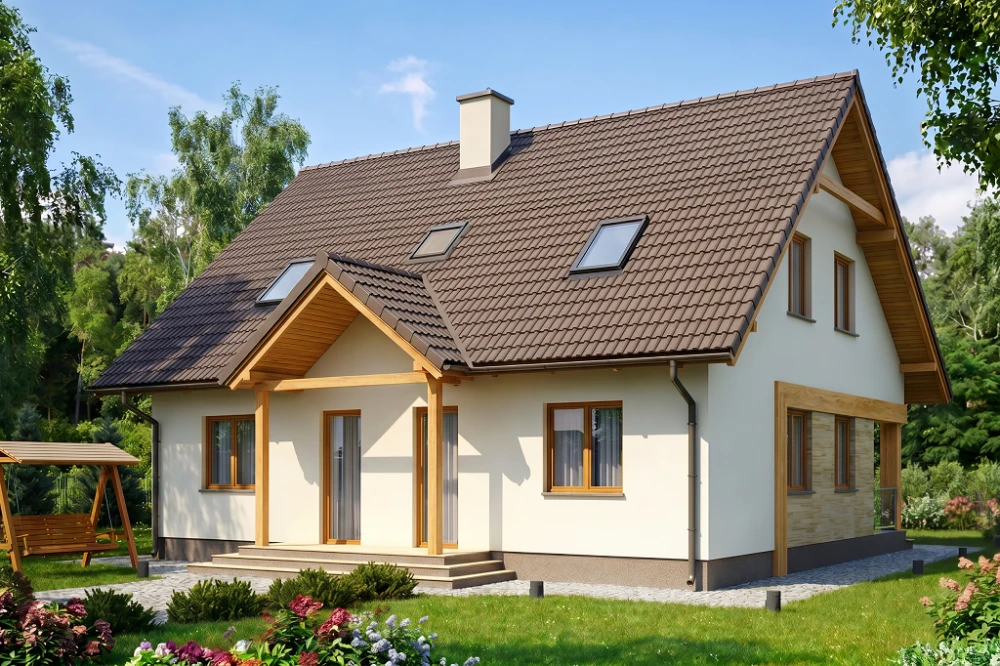 Projekt domu Mulawicze tech. DM-6137 tech., parterowy z poddaszem użytkowym, bez garażu, częściowo podpiwniczony - wizualizacja elewacji ogrodowej