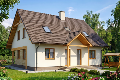 Projekt domu Nakielno tech. L-6137 tech., parterowy z poddaszem użytkowym, bez garażu, częściowo podpiwniczony - wizualizacja elewacji ogrodowej