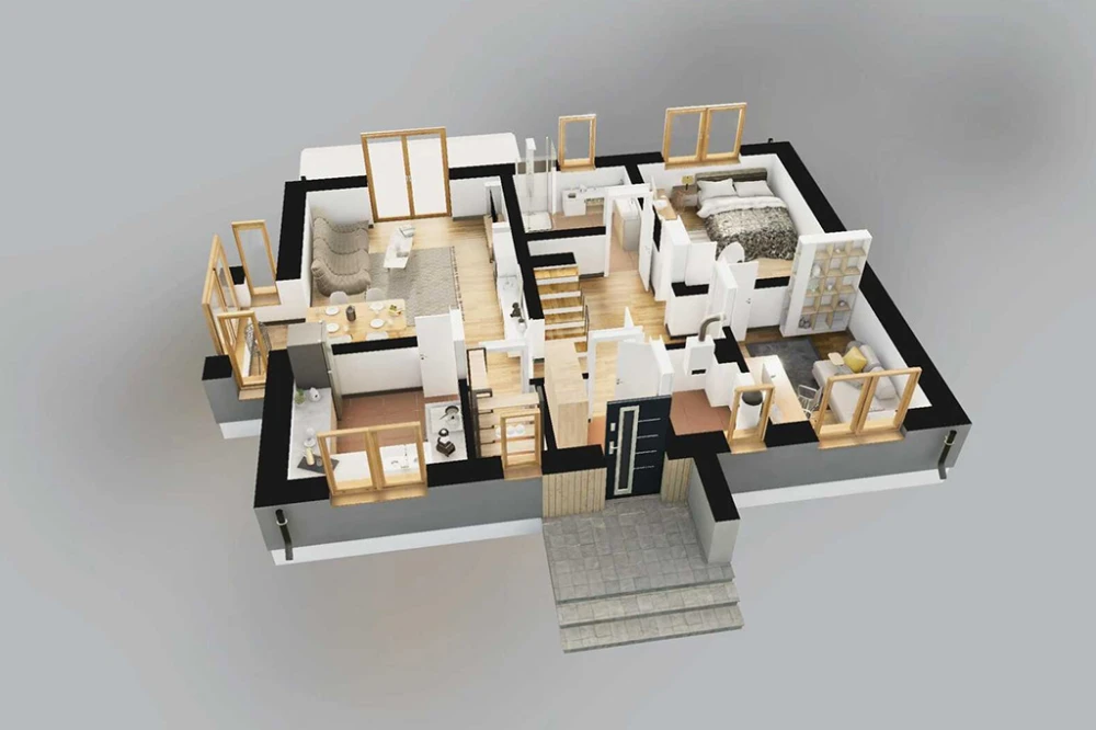 Projekt domu Erusa DM-6815, parterowy, z poddaszem użytkowym, niepodpiwniczony, bez garażu - rzut 3D parteru