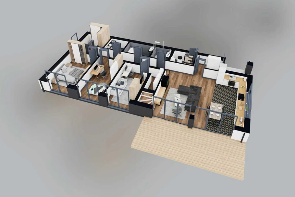 Projekt domu Bellaria DM-6705, parterowy z antresolą, bez garażu, bez podpiwniczenia - rzut 3D parteru