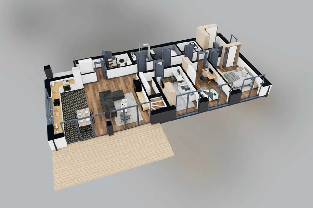 Projekt domu Bellaria 2 L-6705, parterowy z antresolą, bez garażu, bez podpiwniczenia - rzut 3D parteru