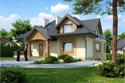 Projekt domu Siepraw tech. DM-6352 tech., parterowy  z poddaszem mieszkalnym, z garażem dwustanowiskowym, podpiwniczony - kolorystyka wersja 1