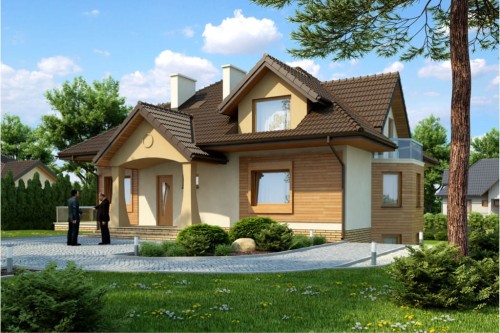Projekt domu Siepraw tech. DM-6352 tech., parterowy  z poddaszem mieszkalnym, z garażem dwustanowiskowym, podpiwniczony - kolorystyka wersja 2