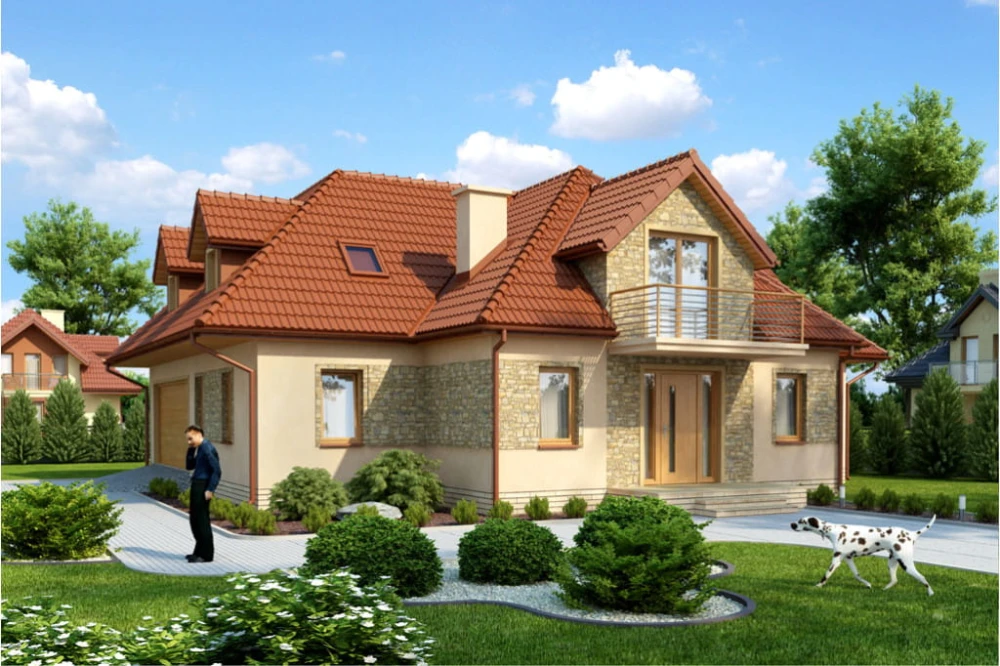 Projekt domu Pierwoszów tech. DM-6354 tech.,  parterowy z poddaszem mieszkalnym, z garażem dwustanowiskowym, bez podpiwniczenia - kolorystyka wersja 2