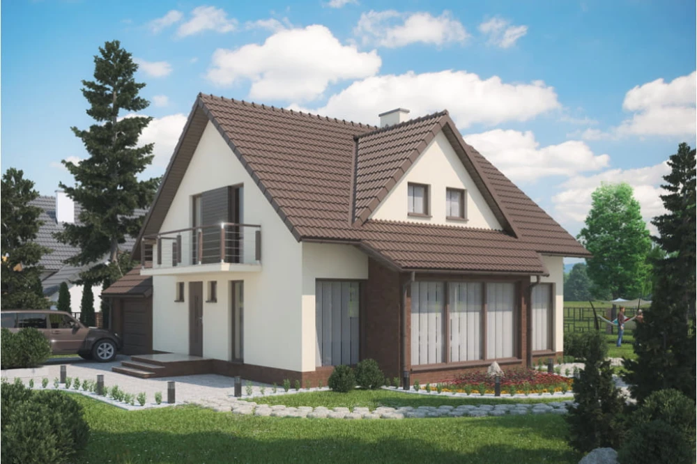 Projekt domu Dębiny tech. DM-6359 tech., parterowy z poddaszem mieszkalnym, z garażem, bez podpiwniczenia - kolorystyka wersja 4