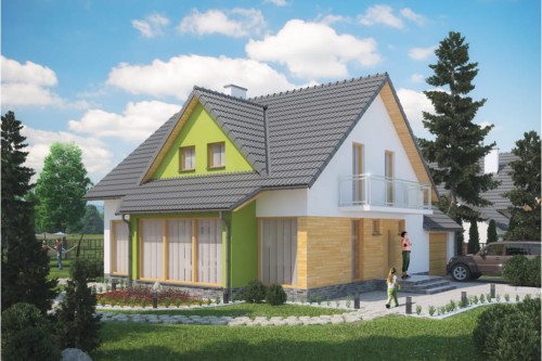Projekt domu Dębiny 2 tech. L-6359 tech., parterowy z poddaszem mieszkalnym, z garażem, bez podpiwniczenia - kolorystyka wersja 1
