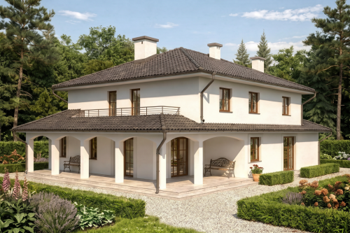 Projekt domu Verona DM-6490, piętrowy, dwulokalowy, z garażem dwustanowiskowym, bez podpiwniczenia - wizualizacja elewacji ogrodowej