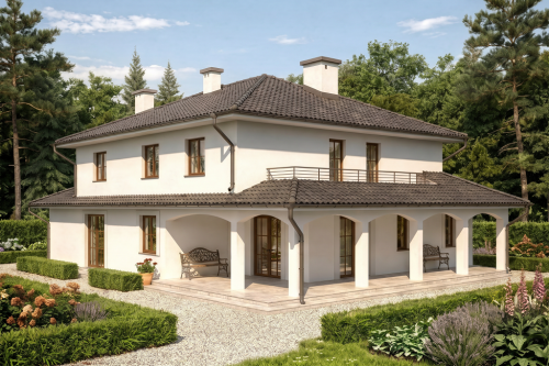 Projekt domu Verona 2 L-6490, piętrowy, dwulokalowy, z garażem dwustanowiskowym, bez podpiwniczenia - wizualizacja elewacji ogrodowej