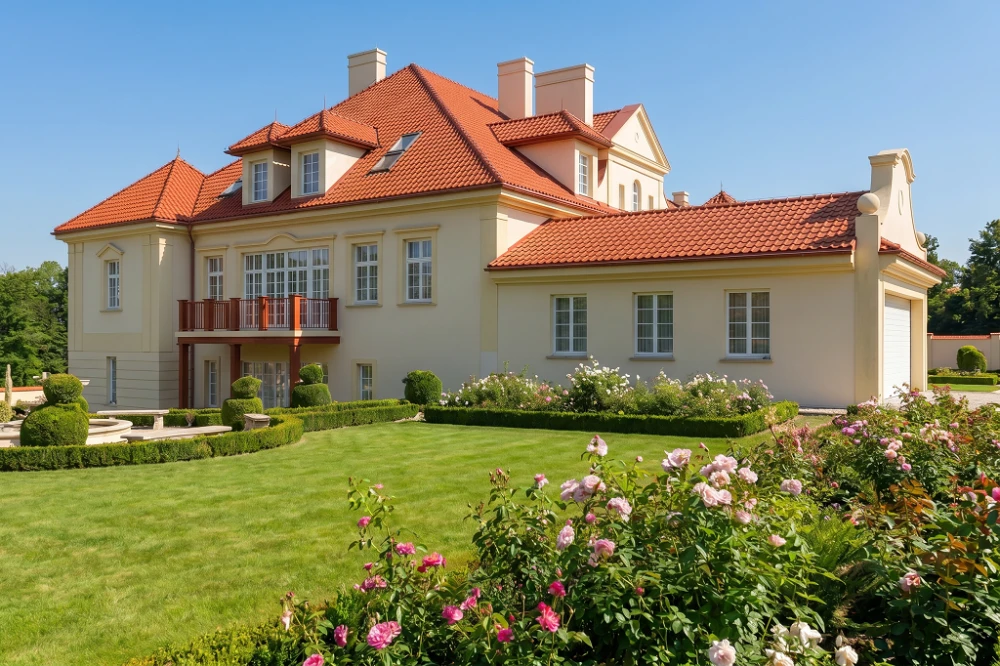 Projekt domu Czyżów RW-05, parterowy z poddaszem użytkowym, z garażem dwustanowiskowym, z podpiwniczeniem - wizualizacja elewacji lewej