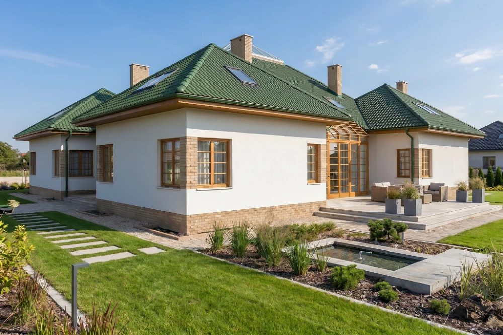 Projekt domu Tylicz RW-06, parterowy z poddaszem użytkowym, z garażem dwustanowiskowym, z podpiwniczeniem - wizualizacja elewacji lewej