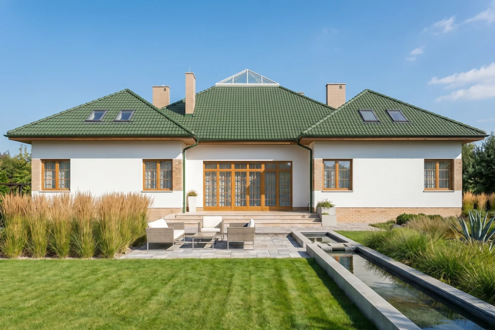 Projekt domu Tylicz RW-06, parterowy z poddaszem użytkowym, z garażem dwustanowiskowym, z podpiwniczeniem - wizualizacja elewacji ogrodowej