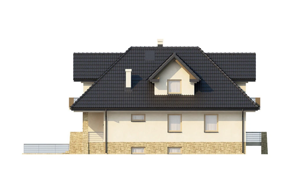 Projekt domu Grójec 2 L-6362, parterowy z poddaszem mieszkalnym, częściowo podpiwniczony, z garażem - elewacja prawa