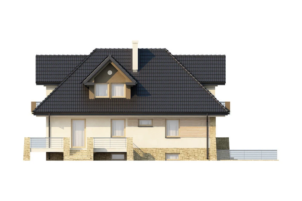 Projekt domu Grójec 2 L-6362, parterowy z poddaszem mieszkalnym, częściowo podpiwniczony, z garażem - elewacja lewa