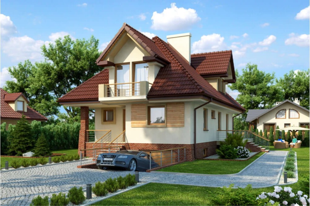 Projekt domu Grójec tech. DM-6362 tech., parterowy z poddaszem mieszkalnym, częściowo podpiwniczony, z garażem - kolorystyka wersja 4