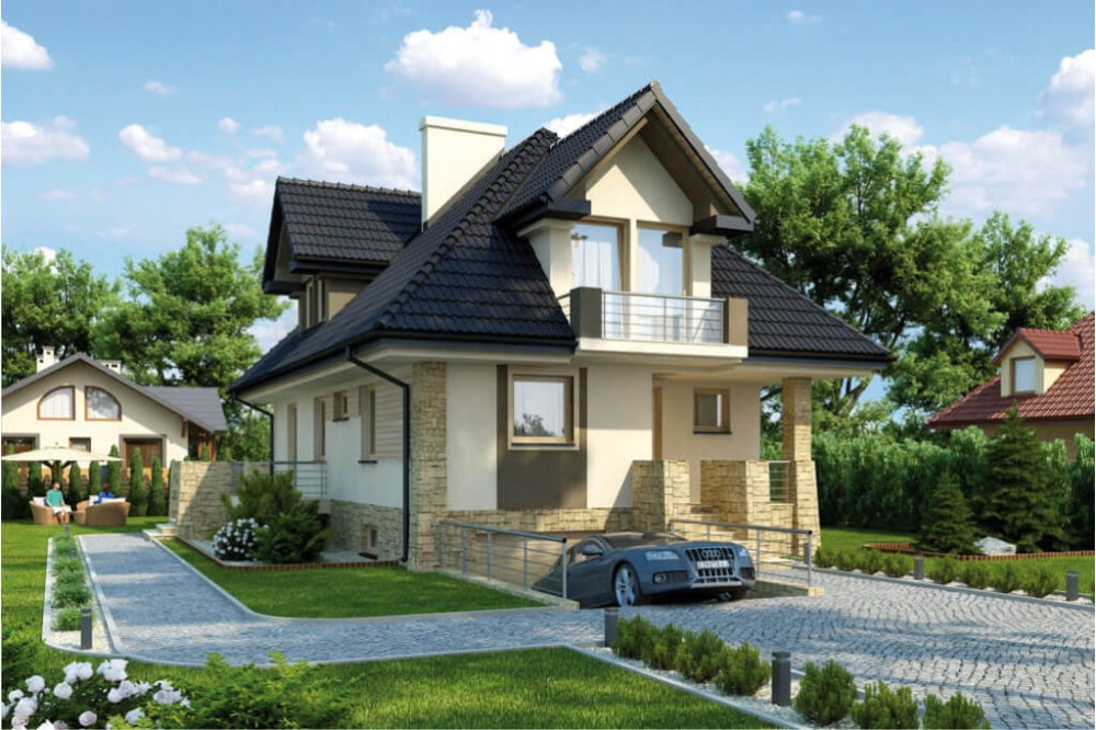 Projekt domu Grójec 2 tech. L-6362 tech., parterowy z poddaszem mieszkalnym, częściowo podpiwniczony, z garażem - kolorystyka wersja 3