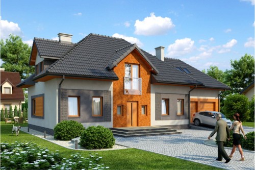 Projekt domu Bielany tech. DM-6364 tech., parterowy z poddaszem mieszkalnym, bez podpiwniczenia, z garażem - kolorystyka wersja 1