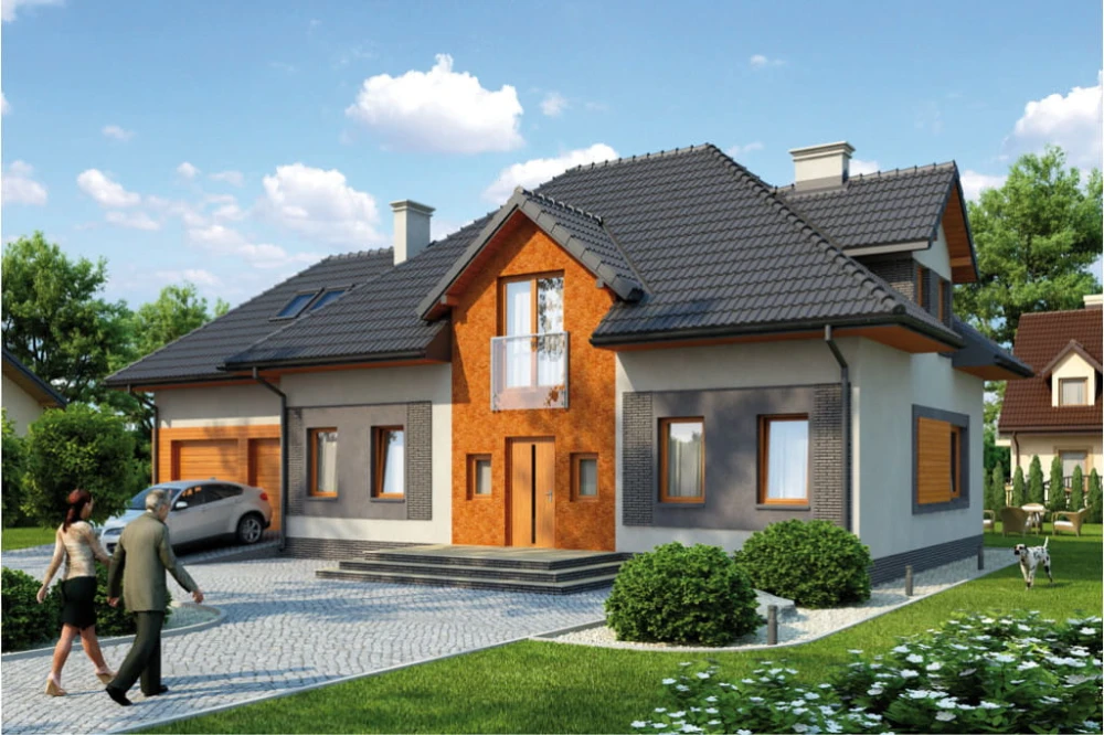 Projekt domu Bielany 2 tech. L-6364 tech., parterowy z poddaszem mieszkalnym, bez podpiwniczenia, z garażem - kolorystyka wersja 1
