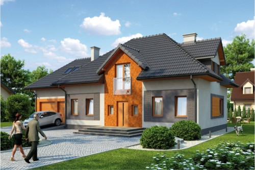 Projekt domu Bielany 2 tech. L-6364 tech., parterowy z poddaszem mieszkalnym, bez podpiwniczenia, z garażem - kolorystyka wersja 1