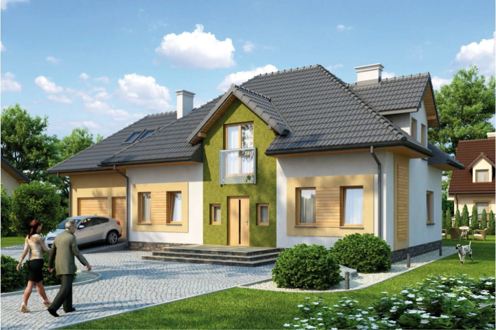 Projekt domu Bielany 2 tech. L-6364 tech., parterowy z poddaszem mieszkalnym, bez podpiwniczenia, z garażem - kolorystyka wersja 2